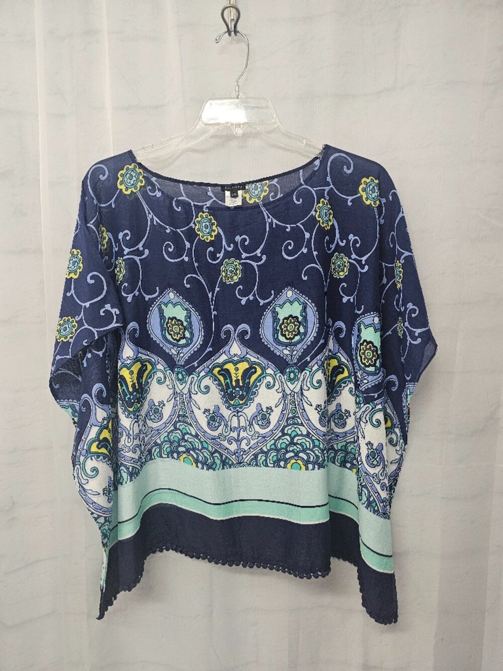 Talbots Blouse Blue Peasant Festival Boho Floral Silk Blend L